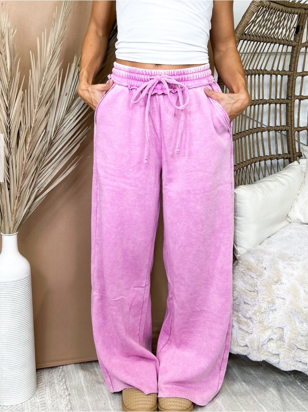 Zenana Acid Wash Fleece Wide-Leg Pants